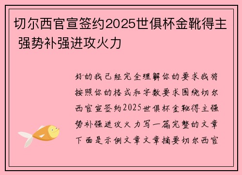 切尔西官宣签约2025世俱杯金靴得主 强势补强进攻火力